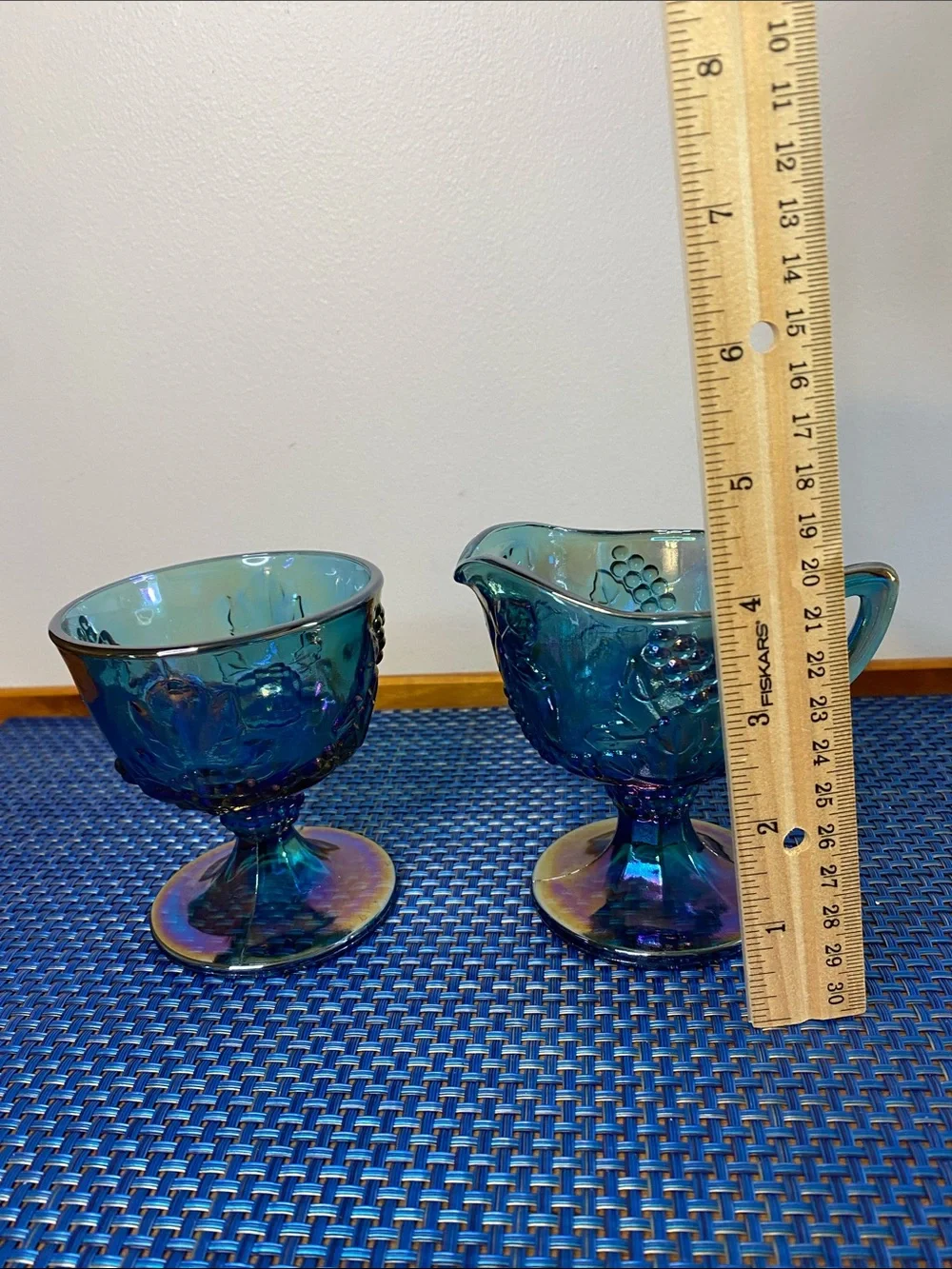 Vintage Indiana Glass Blue Carnival Glass Cream and Sugar Set Harvest Grape